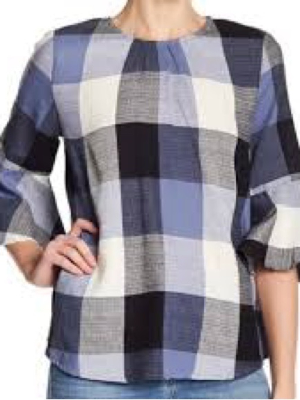 RO&DE blue and black plaid bell-sleeve blouse